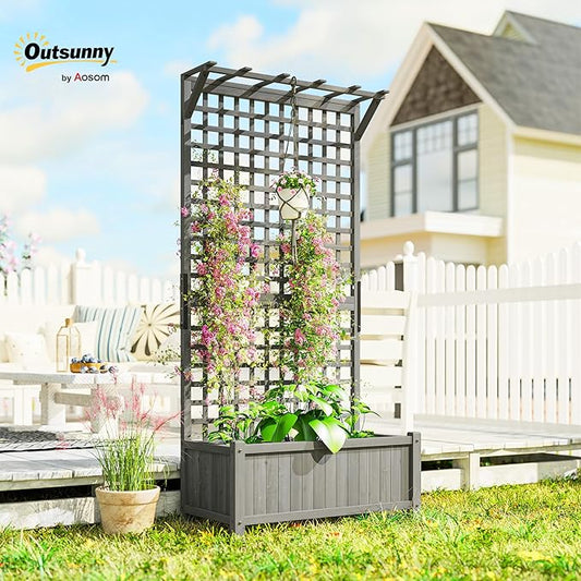 Outsunny Wood Planter with Trellis, Raised Garden Bed for Climbing Plants w/Drainage Holes and Roof, 35.5" x 17.75" x 72", Dark Gray