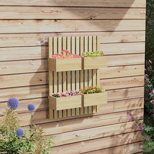 Outsunny 4 Box Raised Garden Bed with Trellis for Vine Flowers & Climbing Plants, 31.5" Tall Wall-Mounted Wood Planter Box Set with Adjustable Height, Drainage Hole, Natural