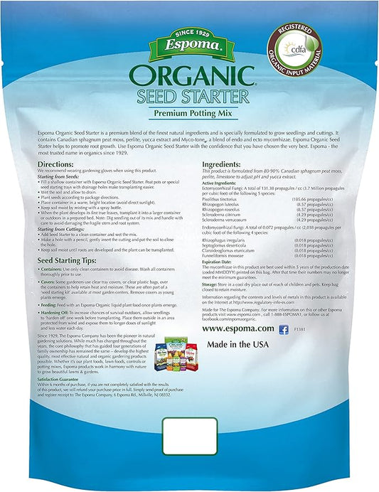 Espoma Organic Seed Starter Premium Potting Soil Mix - All Natural & Organic Seed Starting Mix with Mycorrhizae. For Organic Gardening, 8 qt, Pack of 2