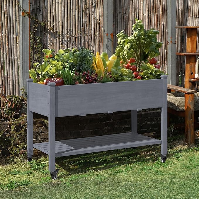 MUPATER 4 x 2FT Raised Garden Bed, Elevated Garden Bed with Drainage Holes, Planter Box with Four Wheels and Legs for Herbs and Vegetables, Greenhouse, Garden, Farm, Gray