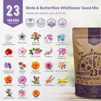 Organo Republic 23 Wildflower Seeds Annual & Perennial Mix for Indoor & Outdoors, Attract Birds & Butterflies 100,000+ Non-GMO, Heirloom Garden Seeds, 4oz Packet for Growing Wild Flowers (Pack of 2)