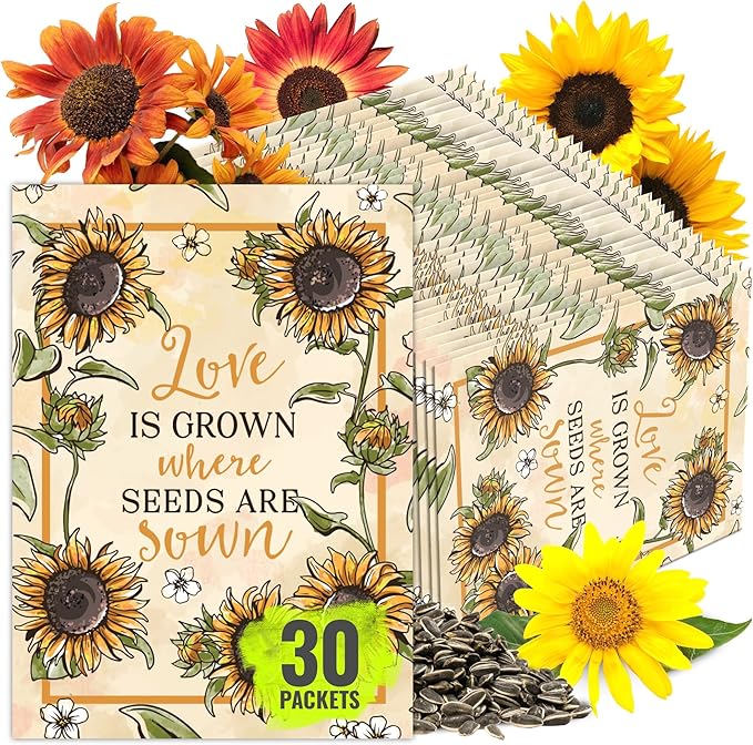 Seed Needs Heirloom Sunflower Seed Packet Favors for Party Events - Pre-Filled & Ready to Hand Out - Great for Weddings, Bridal Showers, Memorials, Fundraisers (30 Packets)