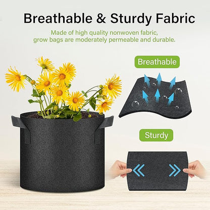 HealSmart Plant Grow Bags 7 Gallon, Tomoato Planter Pots 5-Pack with Handles, Aeration Nonwoven Fabric, Heavy Duty Gardening Planter for Vegetable, Herbs and Flowers, Black