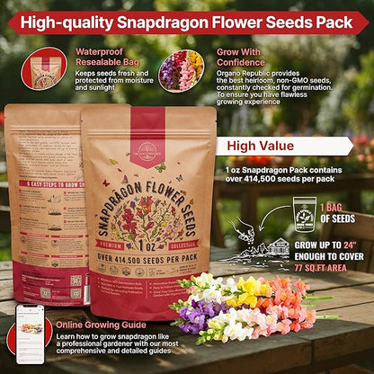 Snapdragon Flower Seeds Pack 1 oz - Over 414,500 Non-GMO Heirloom Snapdragon Seeds for Planting Indoor & Outdoor Gardening, Flower Seed for Home and Garden in Individual Packet, Floral Perennial Mix