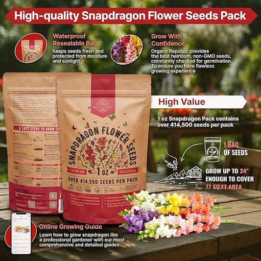 Snapdragon Flower Seeds Pack 1 oz - Over 414,500 Non-GMO Heirloom Snapdragon Seeds for Planting Indoor & Outdoor Gardening, Flower Seed for Home and Garden in Individual Packet, Floral Perennial Mix
