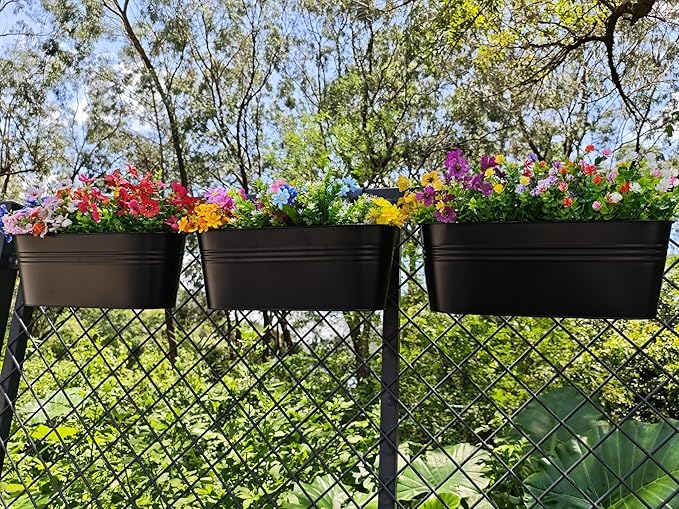3 Pcs Large Balcony Planters Railing Hanging Flower Pots- 16.2 Inch Metal Railing Planter Box Fence Planters for Outdoor Plants with Detachable Hooks and Drain Holes for Garden Decor (Black-16.2inch)