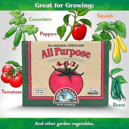 Down To Earth All Natural Fertilizers Organic All Purpose Tomato & Vegetable Mix - Plant Food for Tomatoes, Peppers, Herbs and Flowers 4-6-2, 15 lb