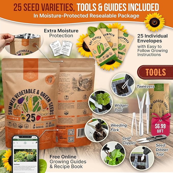 Organo Republic 25 Summer Vegetable Garden Seed Variety Pack - 6,510+ Non-GMO Heirloom Veggie & Greens Seeds for Outdoors & Indoor Home Garden, Including Collards, Pepper, Okra, Onion, Bean, Cucumber