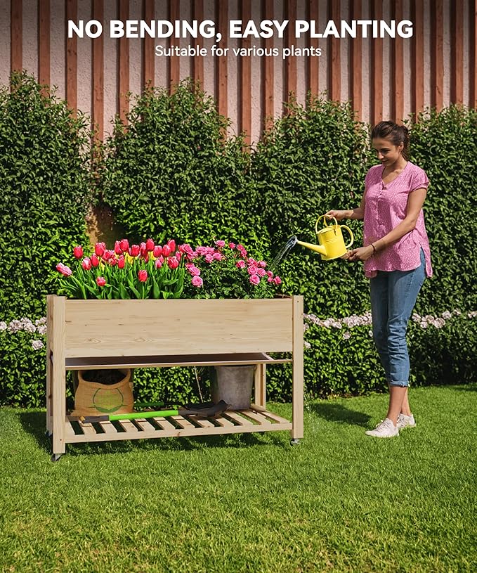 48x24x30in Raised Garden Bed with Wheels,Elevated Raised Planter Box Outdoor for Growing Vegetables and Herbs,Sturdy Wooden Raised Table Garden Bed with Legs-Enhanced Depth,Natural