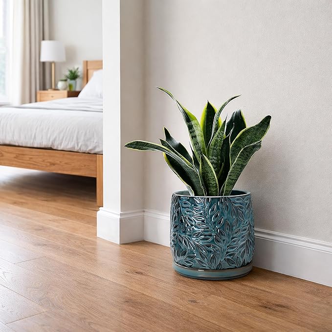 D'vine Dev 8 Inch Embossed Leaves Stoneware Planter Pot with Drainage Hole and Saucer, Ocean Teal, 27-A-Q-8