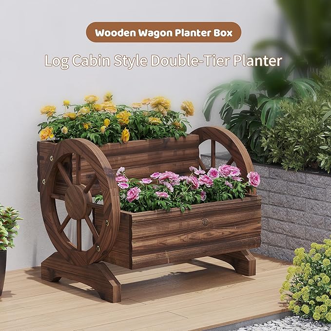 FILWH Wooden Wagon Planter Box for Indoor Outdoor Garden Planter Wood Planter Boxes Flower Planters Outdoor with Wheels Planter for Flowers Herbs Vegetables(Carbonized)