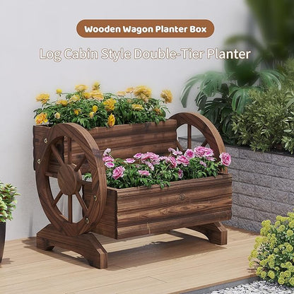 FILWH Wooden Wagon Planter Box for Indoor Outdoor Garden Planter Wood Planter Boxes Flower Planters Outdoor with Wheels Planter for Flowers Herbs Vegetables(Carbonized)