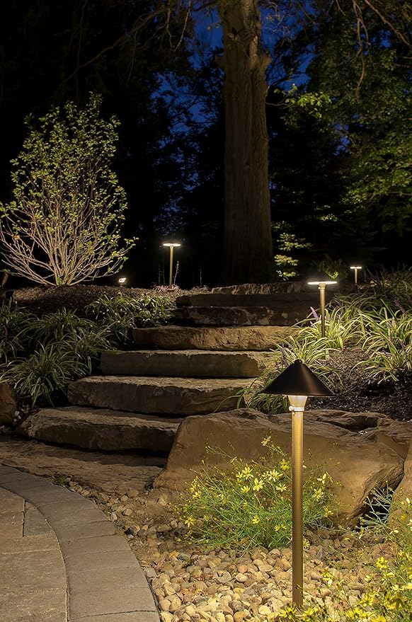 VOLT 15-Pack 12V Solid Brass Conehead Path Lights (7" Shade, 25" Tall) for Low Voltage Landscape Lighting on Outdoor Pathway, Walkway, Garden, Driveway or Patio