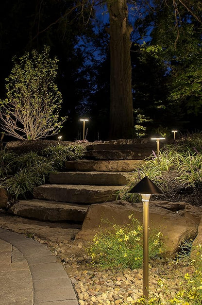 VOLT 15-Pack 12V Solid Brass Conehead Path Lights (7" Shade, 25" Tall) for Low Voltage Landscape Lighting on Outdoor Pathway, Walkway, Garden, Driveway or Patio