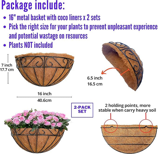 LaLaGreen 16 Inch Wall Hanging Planters - 2 Pack, Large Wall Mounted Flower Basket with Coco Liner, Black Metal Horse Trough Window Herb Pot Holder Outdoor Plants Fence Rail Railing Deck Porch Balcony