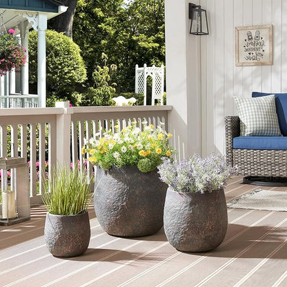 Wallowa Large Outdoor Planter, 17.32"+12.99"+9.06" Dia Round Weathered Concrete Planter Set of 3, Flower Pots with Drainage Holes, Sealing Plug for Garden, Patio, Home, Office, Greenish Bronze Rust