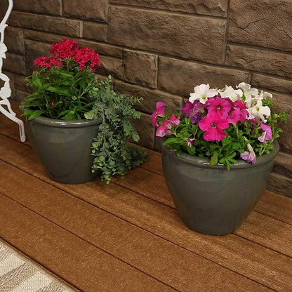 Sunnydaze Round Ceramic Planter - Set of 2 Indoor or Outdoor Plant Pots with Drainage Hole - Chalet - 12" - Gray Glaze