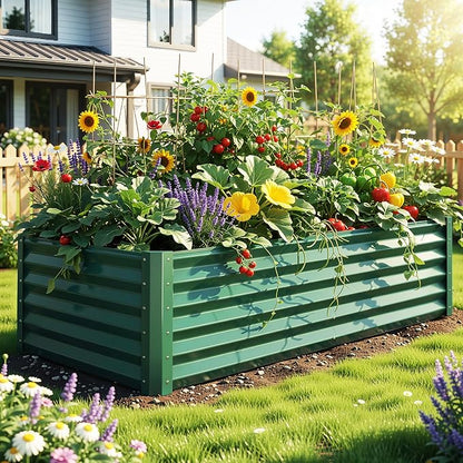 YITAHOME 6x3x1.5 ft Galvanized Raised Garden Bed Kit, Large Metal Planter Box with Gloves & Support Rod, Outdoor Flower Bed for Plants Vegetables, Green