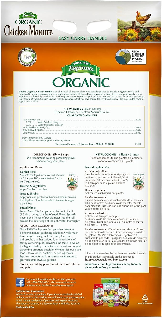 Espoma Organic Chicken Manure 25 lb. Bag. All Natural & Organic Fertilizer for All Flowers, Vegetables, Trees, and Shrubs. for Organic Gardening - 2 Pack