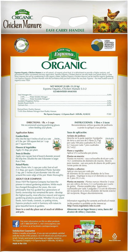 Espoma Organic Chicken Manure 25 lb. Bag. All Natural & Organic Fertilizer for All Flowers, Vegetables, Trees, and Shrubs. for Organic Gardening - 2 Pack