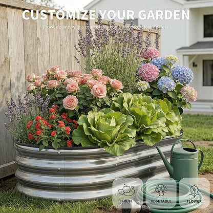 Galvanized Metal Raised Garden Bed Kit for Outdoor Planter Boxes with Easy Assembly,Oval Large Galvanized Gardening Raised Bed for Vegetables, Fruits, Flower (Silver, 4 * 2 * 1ft)