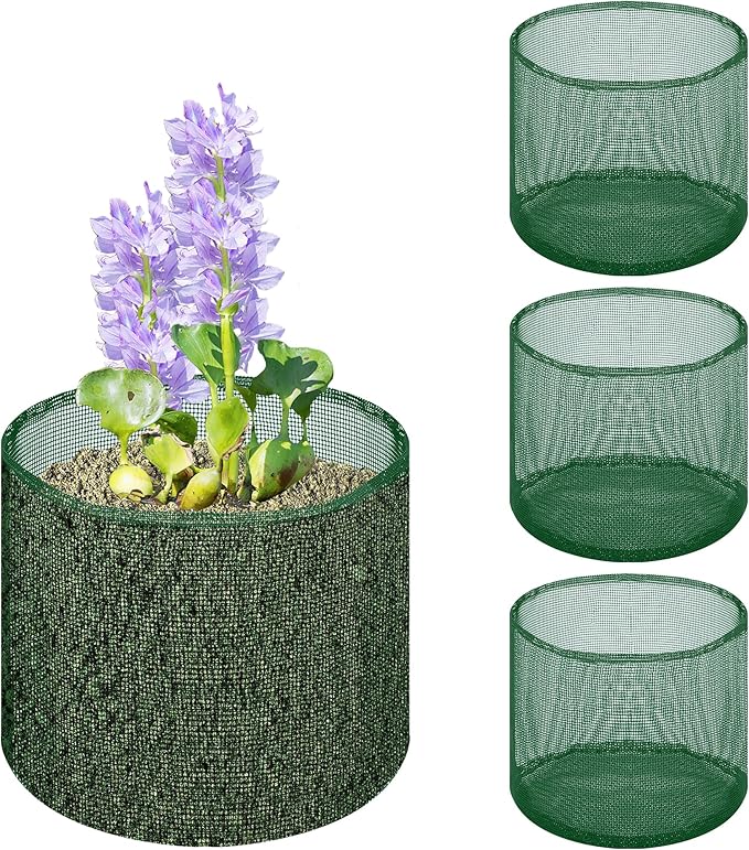 EBaokuup 4 Pcs Aquatic Pond Planting Bags, 7" Reusable Mesh Water Garden Pond Plant Pot, Breathable Green Round Lily Plant Pots for Pond Bog Plant Garden Terrestrial Plant
