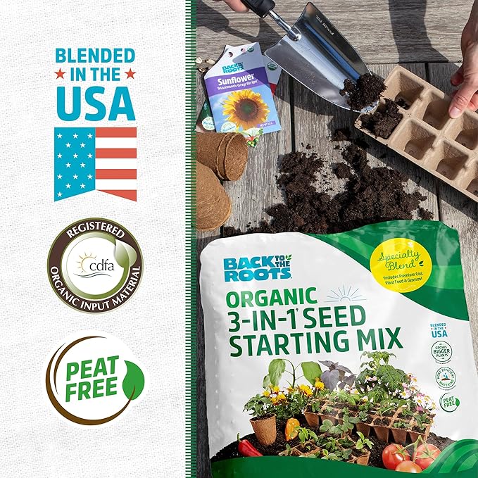 Back to The Roots 3-in-1 Seed Starting Mix 6 Quarts, 100% Organic & USA Made for Herbs, Veggies, Flowers, w/Nutrient Rich Plant Food, Worm-Castings, & Moisture Controlling Yucca Brown