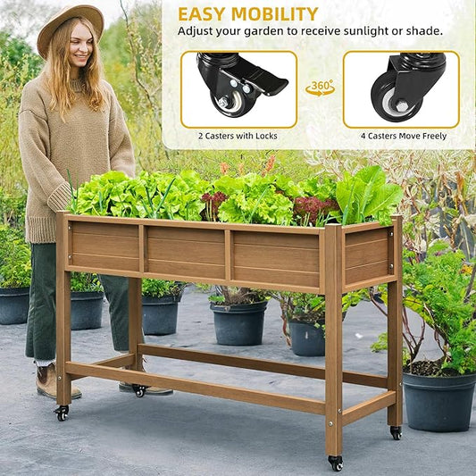 DWVO 47x18x31in Raised Garden Bed HDPE, Weather-Resistant Poly Wood Planter Box Stand, Planter Box with Legs & Lockable Wheels, Elevated Garden Bed for Backyard Patio Balcony - Brown