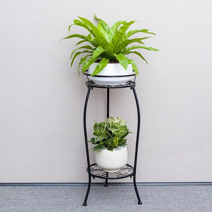 FaithLand Plant Stand, Metal Planter Holder Indoor Outdoor, 2 Tier Round Potted Supports Rack, Corner Display Shelf Black, Tall