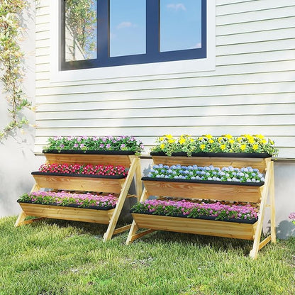 3-Tier Raised Garden Bed, Vertical Garden Planter w/Storage Shelf, Bed Liner & 2 Side Hooks, Wood Elevated Planter Box Outdoor for Plants Vegetables Flowers Herbs,Natural (46" x 29" x 31.5")