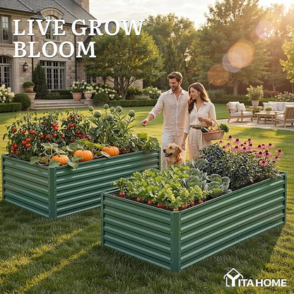 YITAHOME 6pcs 6x3x2 ft Galvanized Raised Garden Bed Kit, Large Metal Planter Box with Gloves & Support Rod, Outdoor Flower Bed for Plants Vegetables, Green
