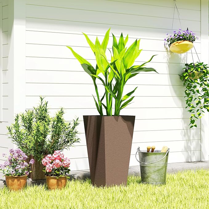 Outsunny 23 Inch Tall Planters for Outdoor Plants, Set of 2 Plastic Flower Pots, Weather and UV Resistant Stackable Tapered Large Planters for Front Door Patio Garden Use, Brown