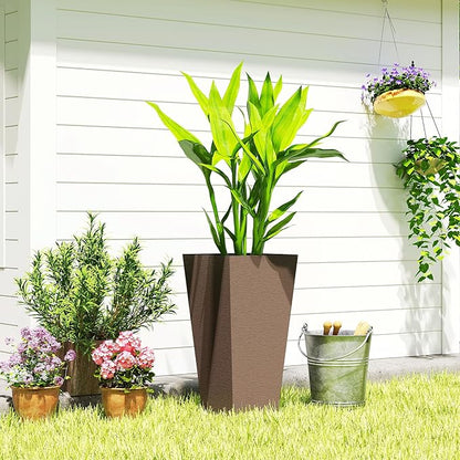 Outsunny 23 Inch Tall Planters for Outdoor Plants, Set of 2 Plastic Flower Pots, Weather and UV Resistant Stackable Tapered Large Planters for Front Door Patio Garden Use, Brown