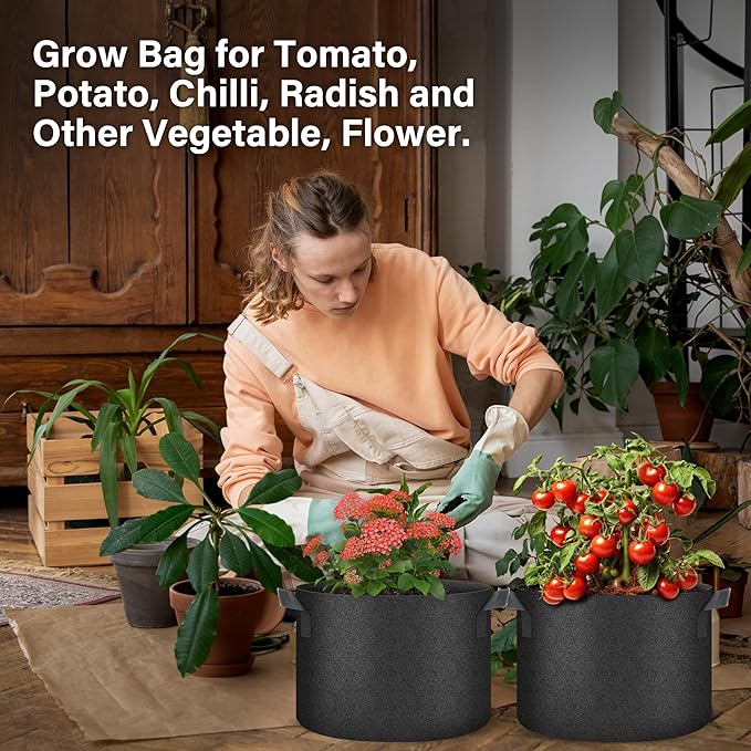HealSmart Plant Grow Bags 10 Gallon, Tomoato Planter Pots 5-Pack with Handles, Aeration Nonwoven Fabric, Heavy Duty Gardening Planter for Vegetable, Herbs and Flowers, Black 2024 Version