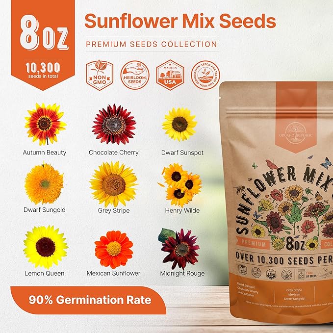 Sunflower Mix Seeds Pack 8 oz - Over 10,300 Non-GMO Heirloom Sunflower Seeds for Planting, Annual Flowers in Individual Seed Packet for Planting Home Garden Indoor & Outdoor Gardening (Pack of 2)