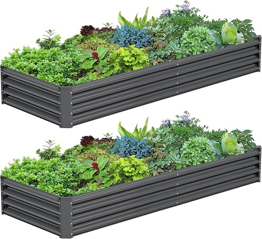 2PCS 8x2x1FT Galvanized Raised Garden Bed Kit, Galvanized Planter Raised Garden Boxes Outdoor, Large Metal Raised Garden Beds for Vegetables-Grey