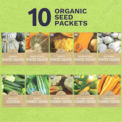 Organic Squash Seeds (Summer and Winter) Variety Pack - 10 Individual Packs - 2026 Season - Cocozelle, Spaghetti, Butternut, Golden Zucchini and More! for Indoor & Outdoor Planting