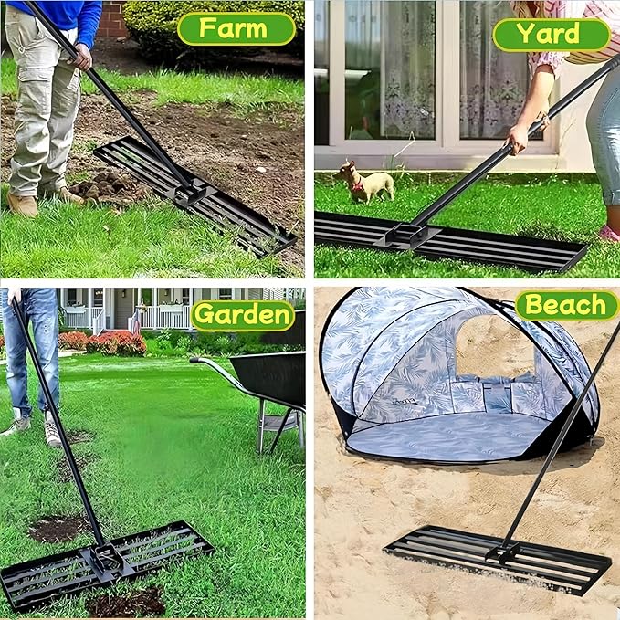 Lawn Leveling Rake, 42” x 10” Leveling Rake，Lawn Leveler w/ 72” Long Non-Slip Handle, Level Lawn Tool for Grass, Golf Field, Level Soil or Dirt Ground