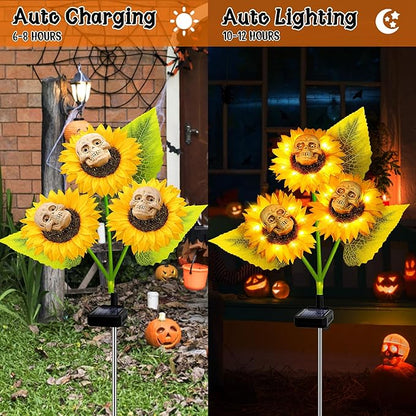 Halloween Decorations Outdoor, 4 Pack Solar Scary Skull Sunflowers Lights,Waterproof Solar Flowers Lights Garden Decor for Halloween Yard Patio Lawn Party Decor