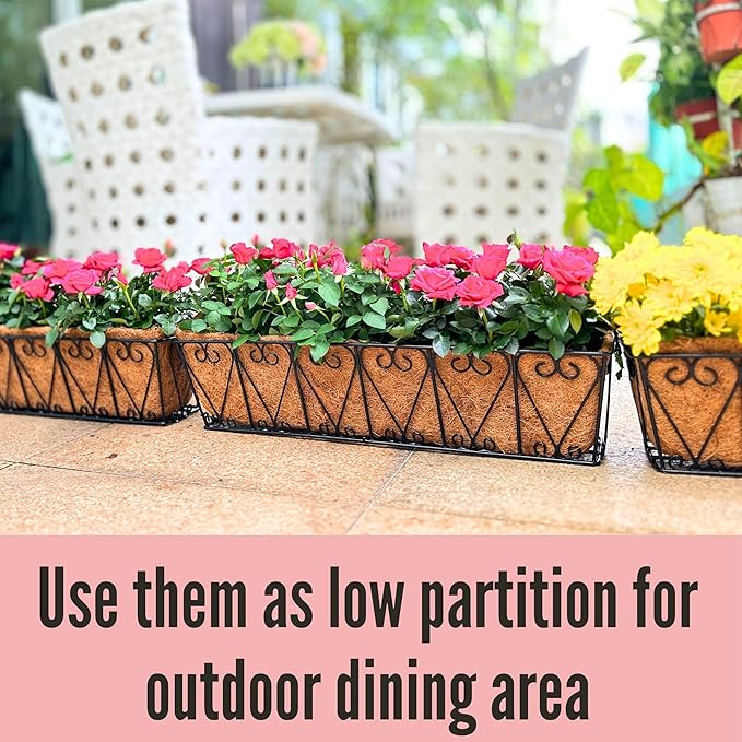 LaLaGreen Wall Hanging Planter - 4 Pack, 24 Inch Large Black Window Flower Basket Boxes Outdoor Attach House, Rectangular Deck Railing Hanging Pot with Coco Liner Over Rail Fence Balcony Patio Porch