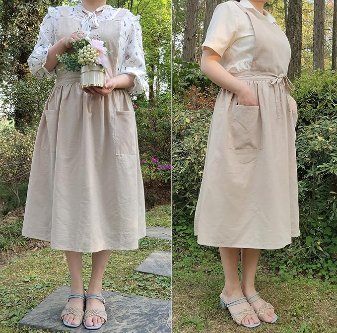 Cute Retro Cotton Linen X-Back Aprons Home Kitchen Garden Art Painting Pinafore Florist Shop Overalls