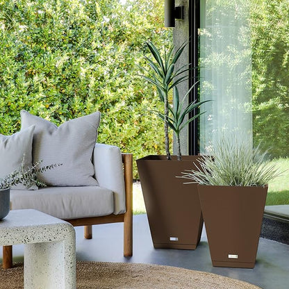 Veradek Nobleton Indoor/Outdoor Wide Square Planter (Espresso, 22 inch - 2 Pack with 2 Saucer Trays)