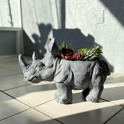 Zeckos Charming Grey Rhino MGO Planter with Drain Holes, 18.5 inches - Weather-Resistant Magnesium Oxide for Garden or Patio Decor - Unique Animal Theme Planter, Perfect for Indoor/Outdoor Use