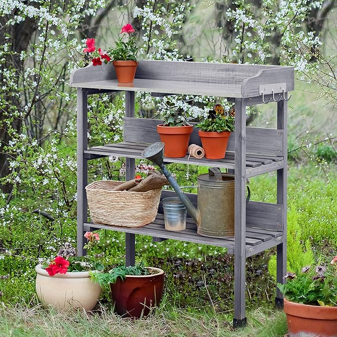 Topeakmart Fir Wood Potting Bench W/Storage Shelf W/Metal Tabletop W/Hook 3 Shelves Potting Table for Outdoor Garden Work Bench Gray