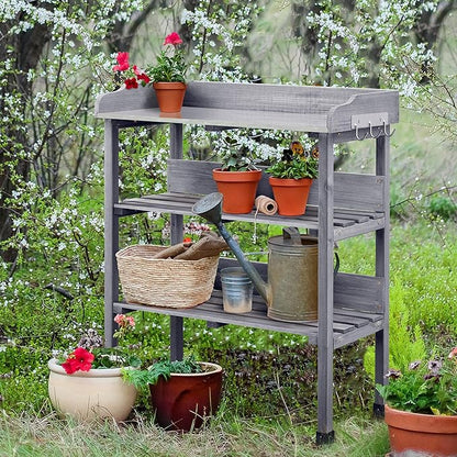 Topeakmart Fir Wood Potting Bench W/Storage Shelf W/Metal Tabletop W/Hook 3 Shelves Potting Table for Outdoor Garden Work Bench Gray