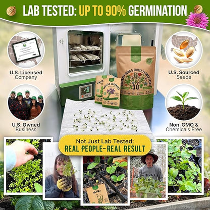 Organo Republic 30 Culinary Herbs & Edible Flower Seed Variety Pack- Indoor/Outdoor. 14000+ Non-GMO Heirloom Flower Seeds: Basil, Borage, Echinacea, Lavender, Oregano, Rosemary Seeds & More