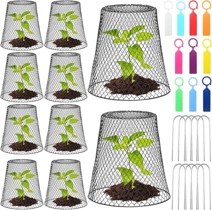 Geosar 10 Pcs 9 inch Chicken Wire Cloche Plant Protector Cover Metal Garden Cloche Dome for Plants Chicken Wire Protection Basket with Garden Stakes for Avoiding Rabbit Bird Small Animals Eat (Black)