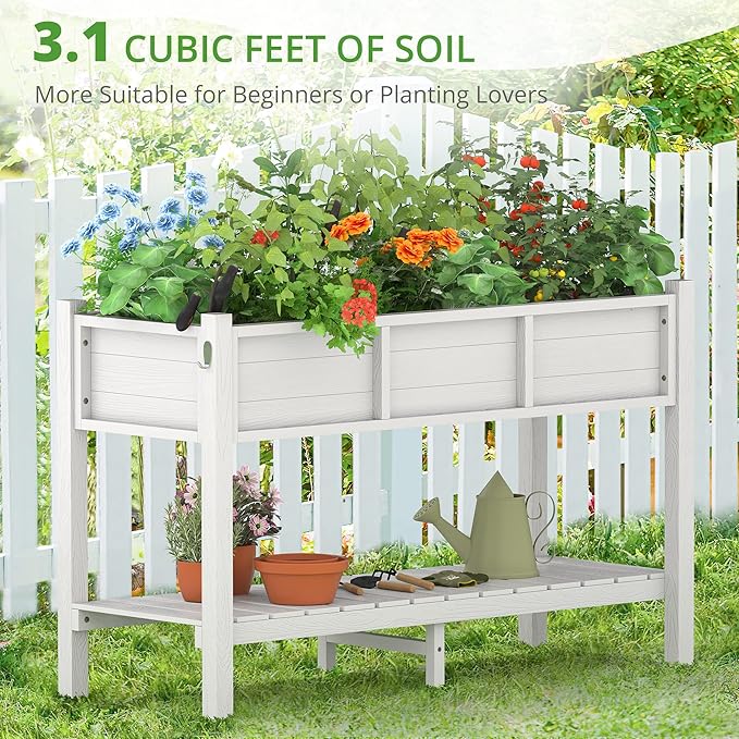 LUE BONA Raised Garden Bed with Tools, 47*18*29 in, Poly Elevated Planter Box with Legs And Storage Shelf, Weather Resistant, 3-Year Warranty, Standing Growing Bed Herb Planter for Vegetable, White
