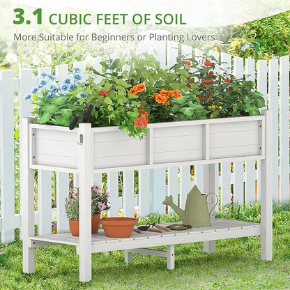LUE BONA Raised Garden Bed with Tools, 47*18*29 in, Poly Elevated Planter Box with Legs And Storage Shelf, Weather Resistant, 3-Year Warranty, Standing Growing Bed Herb Planter for Vegetable, White