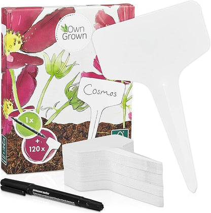OwnGrown Plant Markers: 120 Plastic Plant Name Tags and Weatherproof Marker Pen – Plant Labels Wooden – Seedling Labels – Gardening Name Tags